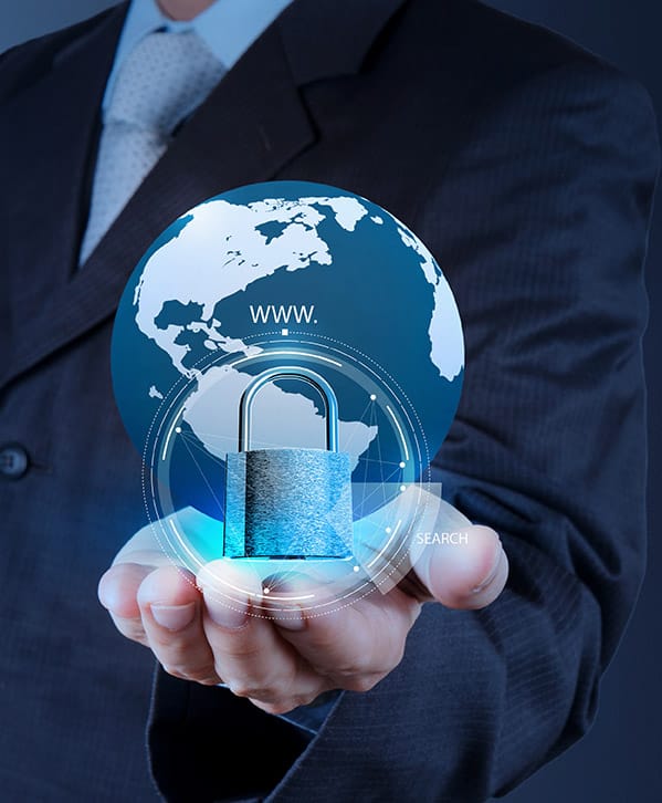 businessman hand show 3d world with padlock as Internet securit Man holding a globe to signify the internet and there is a cyber lock in the middle to show the importance of internet security
